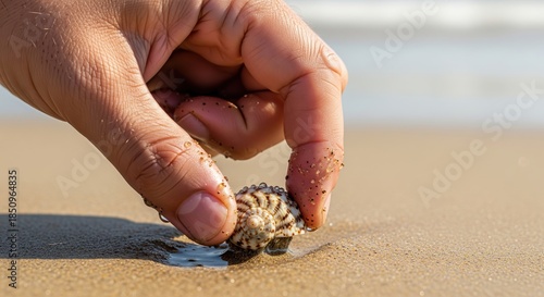 Close-Up of Hand Picking Up Sea Shell from Wet Sand on Beach at Sunset
