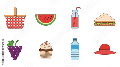 Illustration of a picnic scene with basket, watermelon, drink, sandwich and other elements