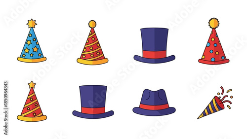 Festive Celebration Vector Illustration: Cartoon Hats and Party Popper for Joyful Events