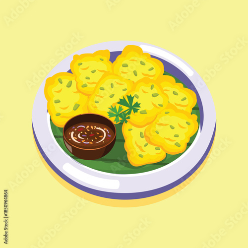 A flat illustration of a fried food dish served with dipping sauce, suitable for menu designs, culinary promotions, and food-related visuals.