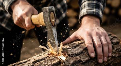 Close-up of Axe Splitting Log with Wood Chips Flying in Beautiful Natural Setting
