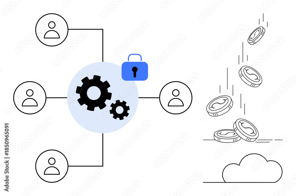 Fototapeta premium Data security, financial management, online services, digital networking, innovation, business solutions. Network diagram with gears and padlock coins falling into a cloud. Data security