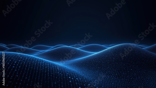 Abstract Blue Digital Data Landscape with Glowing Particle Waves and Futuristic Technology Background
