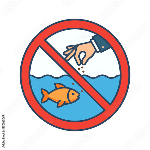 Warning sign prohibiting feeding fish in water