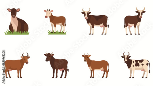 Collection of stylized cow illustrations in various poses and colors on a white background