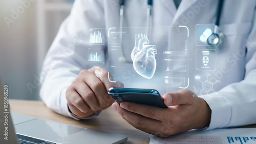 Medical professional using smartphone with holographic heart and artificial intelligence medical interface.