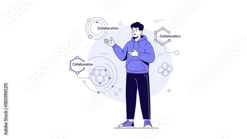 Digital Illustration of a Young Man Explaining Collaboration Concepts with Icons and Abstract