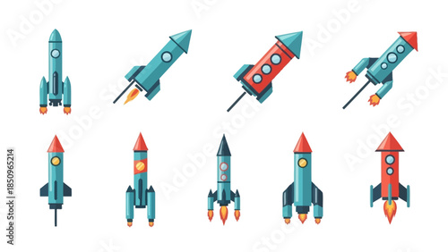 Collection of colorful rocket ship icons in cartoon style with launch and flight concept