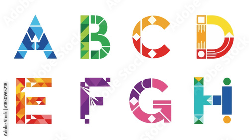 Colorful and Creative Alphabet Letters A to H with Geometric Patterns Displayed
