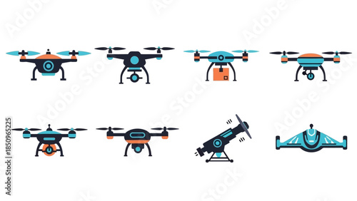 Collection of drone illustrations in a simple flat style showcasing various designs and functions