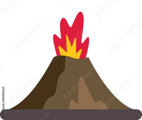 Volcano erupting with red and yellow flames, isolated illustration in flat design style