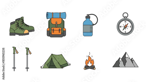 Illustration of hiking and camping equipment representing outdoor adventure activities