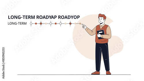 Illustration of a young professional man presenting a long-term project timeline with a roadmap