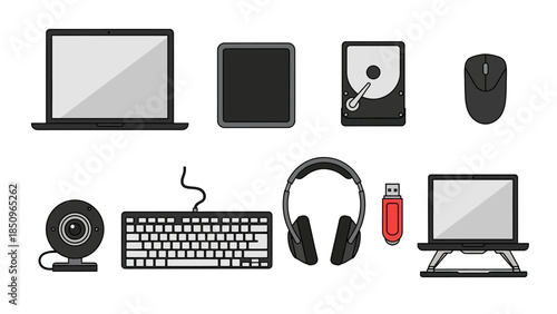 Vector Illustration of Computer Hardware and Peripherals for Digital Setup Concept