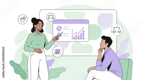 Business Presentation Discussing Financial Data and Legal Aspects with a Female Presenter and Male