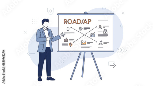 businessman presenting marketing strategy and road map on whiteboard in office setting