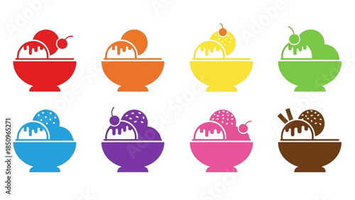 Colorful ice cream bowls vector illustration with assorted flavors and toppings delight