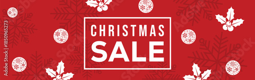 Festive red Christmas sale banner with bold white CHRISTMAS SALE text in a frame, decorative snowflakes, stars and ribbon bows, modern seasonal promotion background for winter holiday retail marketing