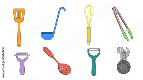 A vibrant assortment of essential kitchen utensils and tools in a colorful illustration style
