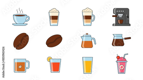 Collection of assorted coffee, beverage and drinks icons in flat design style vector illustration