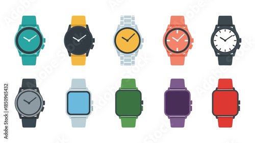 Colorful and diverse wristwatches collection, flat design style watches illustration
