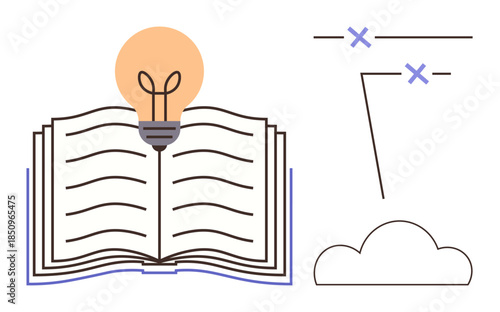 Open book with glowing lightbulb above conveys ideas, learning, and creativity. Lines, crosses, and cloud symbolize abstract thinking. Ideal for education, brainstorming, innovation strategy