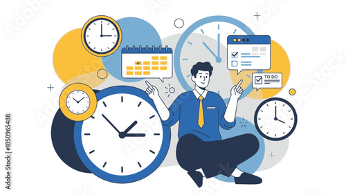 Productivity and Time Management Illustration Featuring a Man Surrounded by Clocks and Schedules