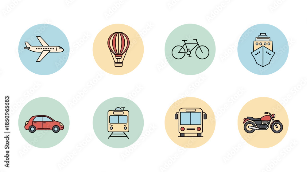 Fototapeta premium Illustrations of different types of transport, including airplane, bicycle, ship and more