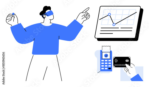 Augmented reality user engages with data visualization, transaction via card and payment device, growth chart. Ideal for technology, finance, analytics, innovation, business, AR future progress