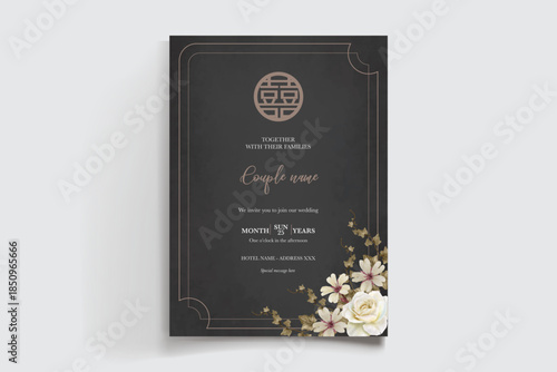 WEDDING INVITATION FRAME WITH FLOWER DECORATIONS AND FRESH LEAVES