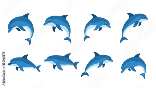 Vector illustration featuring a group of playful blue dolphins isolated on white background