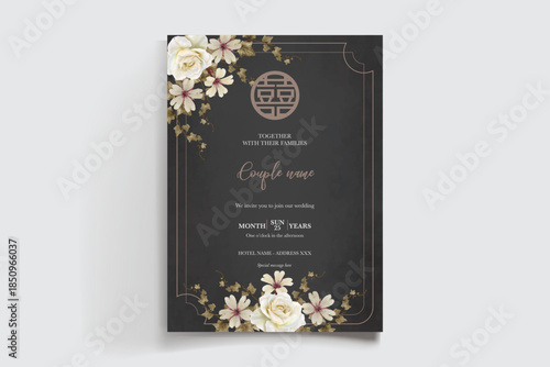 WEDDING INVITATION FRAME WITH FLOWER DECORATIONS AND FRESH LEAVES