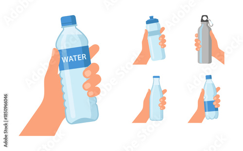 Hands holding various water bottles for hydration concept