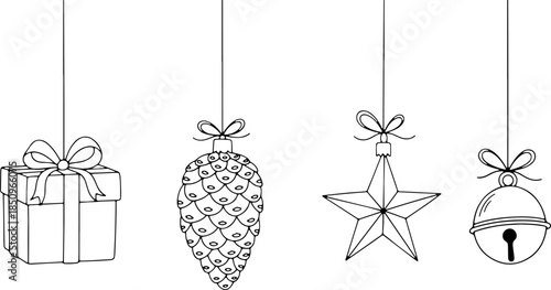 Set of hanging Christmas ornaments and gifts in minimalist line art style including pinecone, star, bell, and present box isolated on white background.