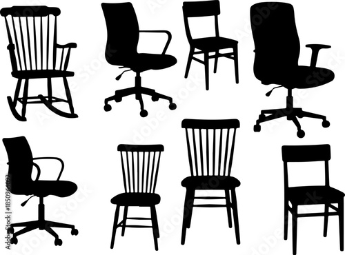 Collection of office chair and wooden furniture silhouettes featuring rocking chairs, swivel desk chairs, and classic dining seating isolated on white background for interior design.