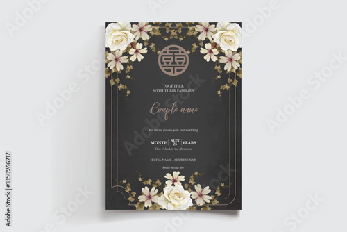 WEDDING INVITATION FRAME WITH FLOWER DECORATIONS AND FRESH LEAVES