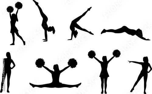 Cheerleading and gymnastics silhouette set featuring girls with pom poms performing stunts, handstands, splits, and athletic poses isolated on white background for sports design.