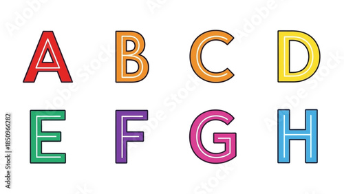 Colorful and modern alphabet design featuring the first eight letters from A to H for educational