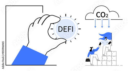 Financial innovation, blockchain impact, carbon solutions, teamwork, sustainability, decentralized economies. Hand holding DEFI token person assisting another up blocks. Blockchain and sustainability