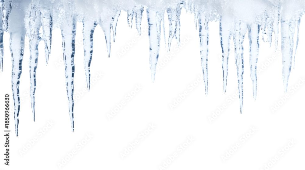 Naklejka premium Icicles hanging in clean geometric forms, creating a sharp and cold visual texture against a stark white background. Winter Wonderland from a Frozen Surface with copy space.