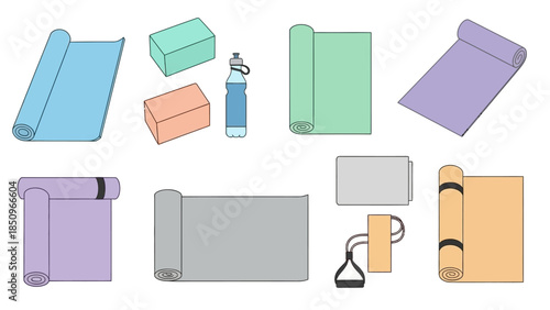 Illustration featuring yoga mats, blocks, water bottle, and resistance band for fitness