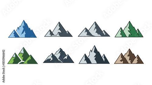 Set of stylized mountain range icons for outdoor and nature-themed designs and projects