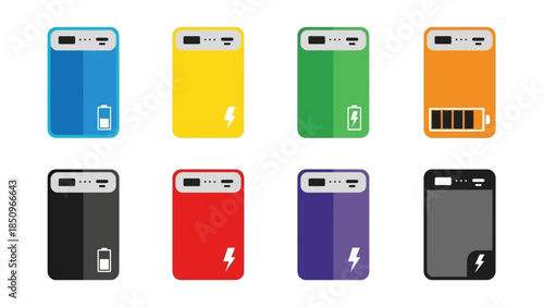 Illustration of colorful power banks with battery level and charging icons displays