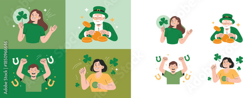 Cheerful woman happily holds up a large green shamrock sign with bright sparkling elements