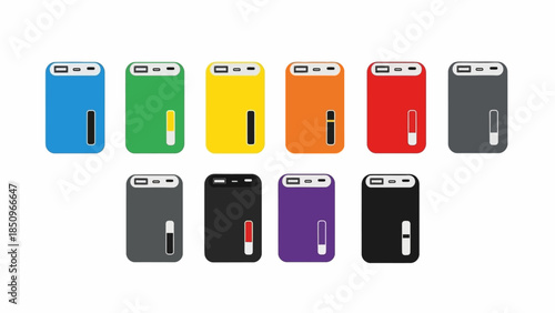 Colorful assortment of power banks on a white background emphasizing portable charging solutions