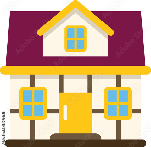 Cartoon style house featuring a purple roof and a yellow door, evoking the imagery of cozy suburban life and residential architecture