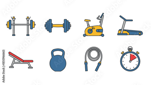 Collection of stylized fitness equipment icons representing gym workout and exercise