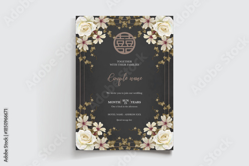 WEDDING INVITATION FRAME WITH FLOWER DECORATIONS AND FRESH LEAVES