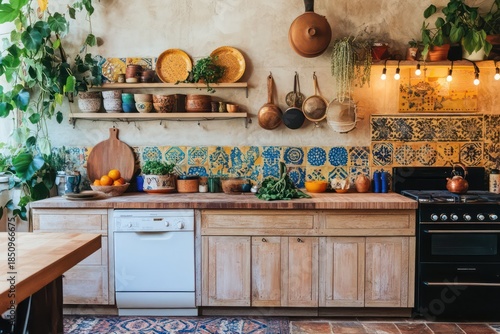 A bohemian kitchen characterized