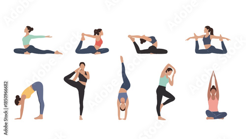 Various Yoga Poses Practiced by Women for Flexibility and Wellness Illustration
